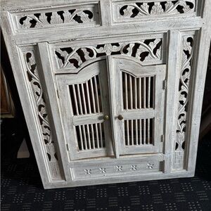 Vintage White Carved Wood Hanger with Doors